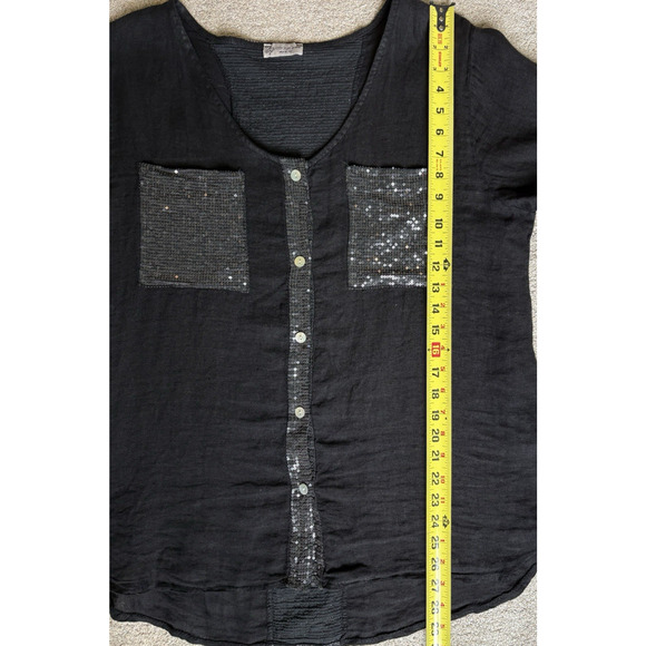 Black Linen Sequin Button Front Tunic Shirt Relaxed Sparkle Festive Goth Glam - Picture 9 of 10